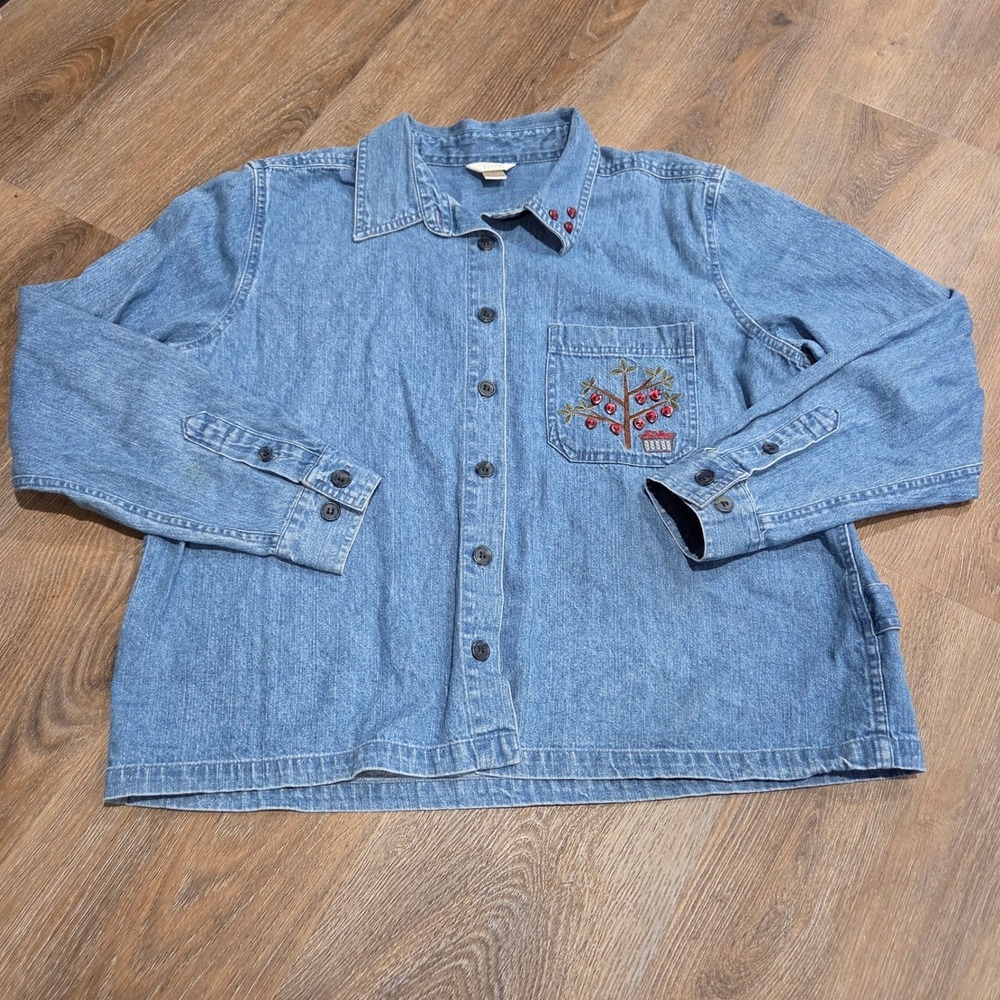 Christopher & Banks Denim Shirt Womens Large Blue Embroidered Apple Tree Heart